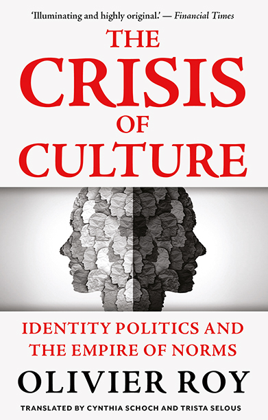 Crisis of Culture book cover showing two profile heads back to back made up of dozen smaller profiles of various greay shades.