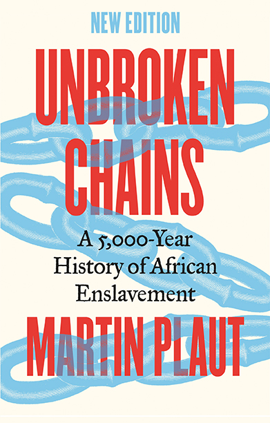Book cover for Unbroken Chains showing a typographical cover with blue chains in the background