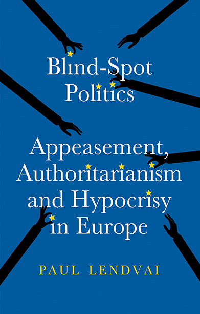 Book cover for BLIND SPOT POLITICS that shows eerily thin black silhouetted arms with pointing fingers nabbing small yellow stars against a bright blue background, with the colours depicting the EU.