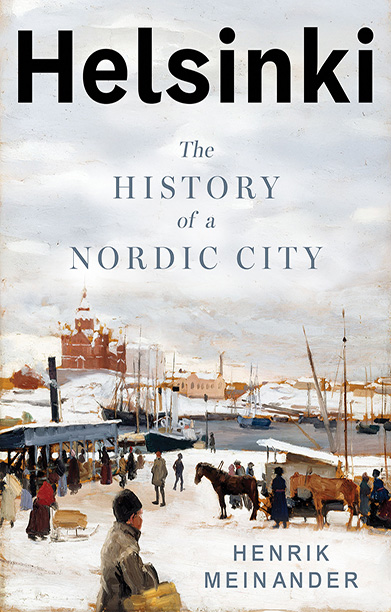 Book cover for HELSINKI showing a historic nordic village scene in the snow from a painting