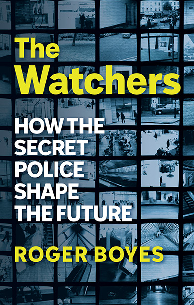 Book cover of 'The Watchers' showing CCTV images of people on a city street.