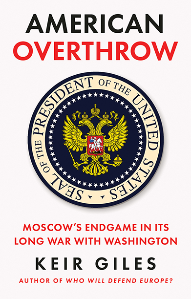 Book cover 'American Overthrow' showing the US Presidential Seal with the Russian coat of arms inside.