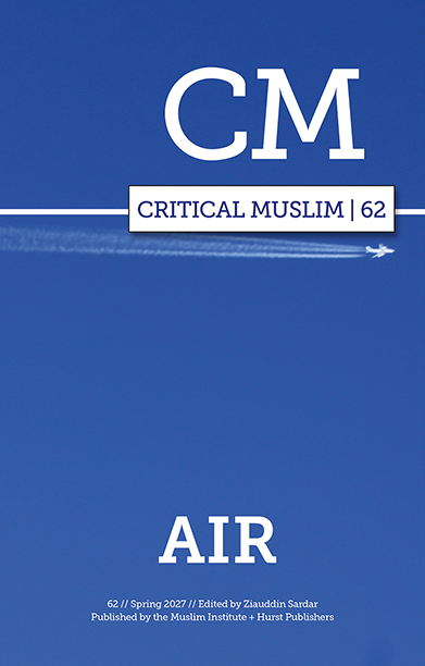 Cover for Critical Muslim 62 showing blue sky and a plane with contrail